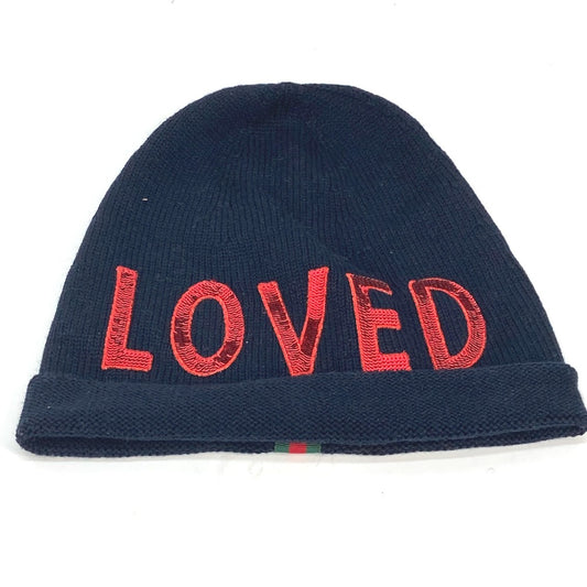 GUCCI Sequin Love Logo LOVED Beanie Hat, Knit Cap, Wool Knit Hat, Women's, Navy
