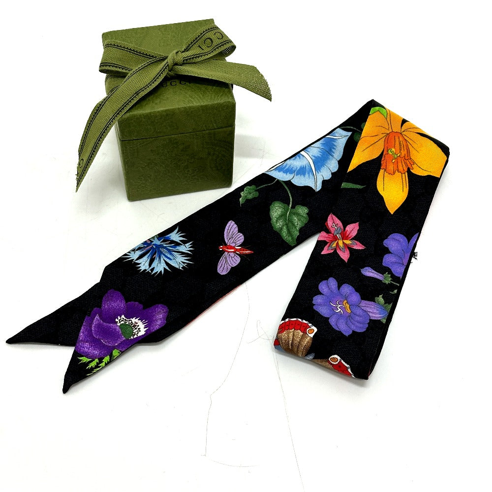 GUCCI 761704 GG Flora Print Neck Bow Scarf Silk Women's Black