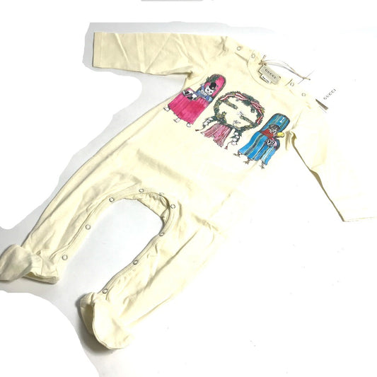 GUCCI 596315 Yuko Higuchi Collaboration Cat Romper Top Baby Long Sleeve Jumpsuit Cotton Kids White