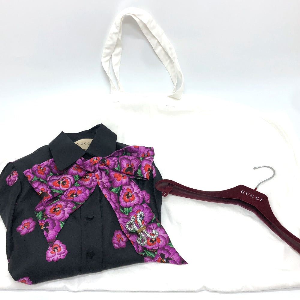GUCCI 722304 リボン フラワーシャツ アパレル トップス スカーフ付き 肩パッド付き 長袖シャツ シルク レディース ブラック