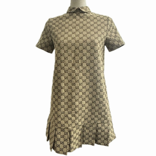 GUCCI 804478 Children's GG Canvas Apparel, All-Over Print, Round Collar, Pleated Dress, Cotton, Women's, Beige