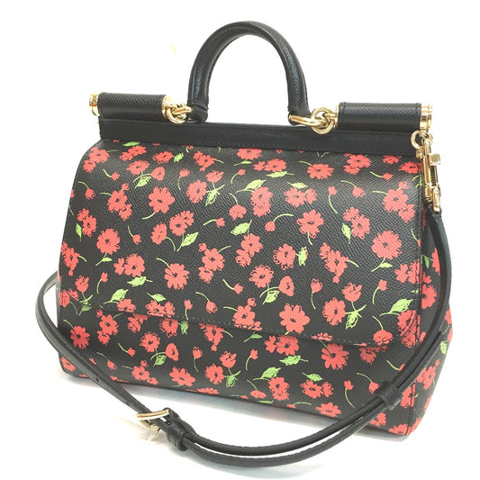 DOLCE & GABBANA Floral Sicily Bag, 2-Way Handbag/Shoulder Bag, Leather, Women's, Black, Red, and Green