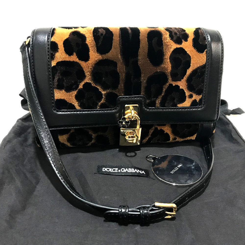DOLCE & GABBANA Leopard Print Bag with Flower Lock Hardware, Crossbody Bag, Velvet, Women's, Black and Brown