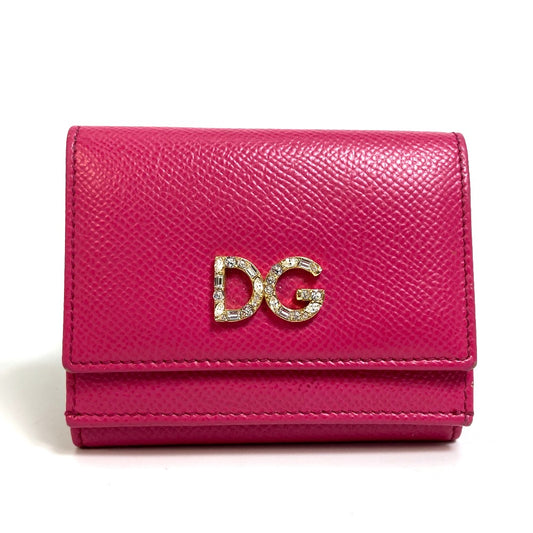 DOLCE & GABBANA DG Rhinestone Compact Wallet, Tri-fold Leather Wallet, Women's, Pink