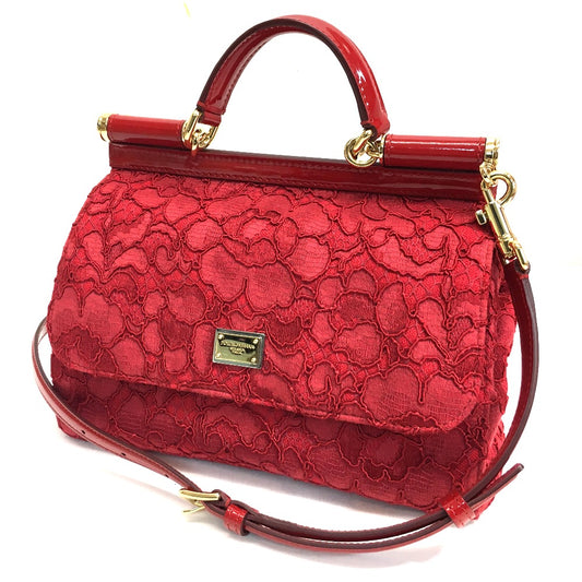 DOLCE & GABBANA Sicily logo plate with floral embroidery. 2-way handbag/shoulder bag in cotton, red.