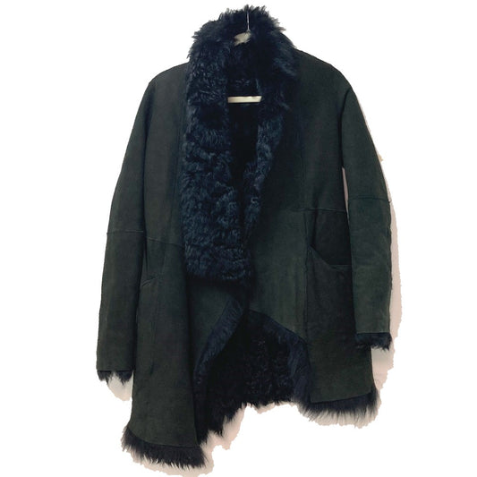 Lilidia Women's Shearling Fur Coat in Black and Dark Khaki