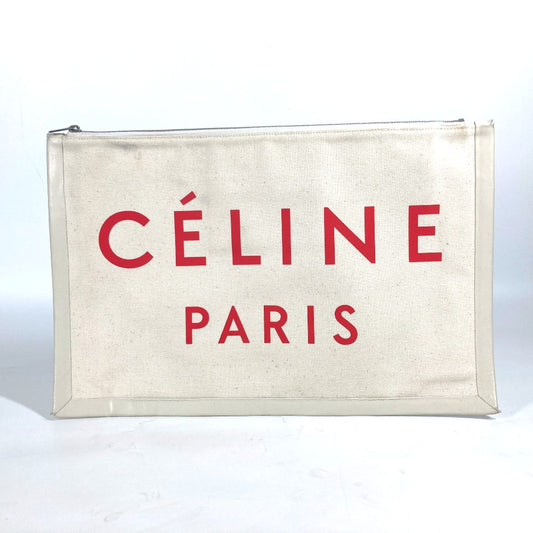 CELINE Logo Bag Pouch Two-Tone Clutch Bag Leather/Canvas Women's White