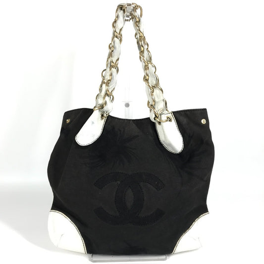 CHANEL CC Coco Mark Two-Tone Shoulder Tote Bag with Double Chain, Leather/Canvas, Black