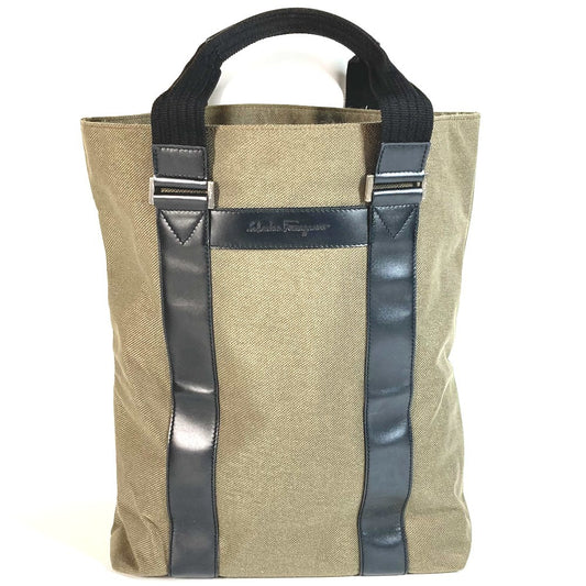 Salvatore Ferragamo Vertical Tote Bag with Logo, Business Bag, Shoulder Bag, Leather/Canvas, Unisex, Khaki