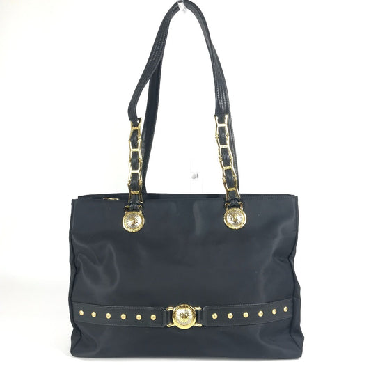 VERSACE Vintage Logo Sunburst Tote Bag with Chain Strap, Shoulder Bag, Nylon/Leather, Unisex, Black