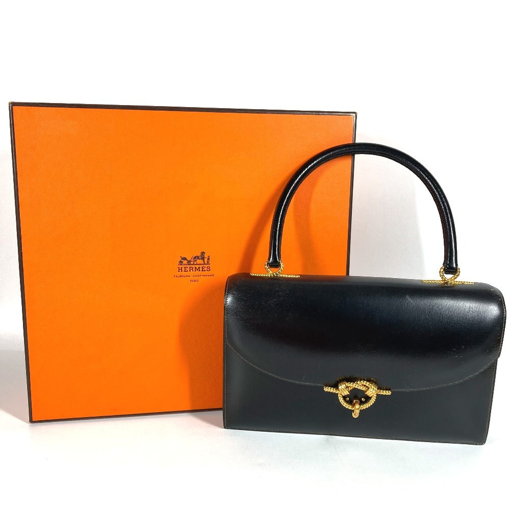 HERMES ヴィンテージ コルドリエール カバン フラップ ハンドバッグ レザー ユニセックス ブラック