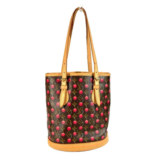 LOUIS VUITTON M95012 Monogram Cherry Bucket PM by Takashi Murakami. This shoulder bag features a Monogram Cherry canvas design and is available in red.