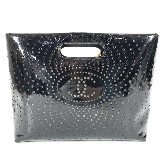 CHANEL Punching CC Coco Mark Logo Handbag Enamel Women's Black