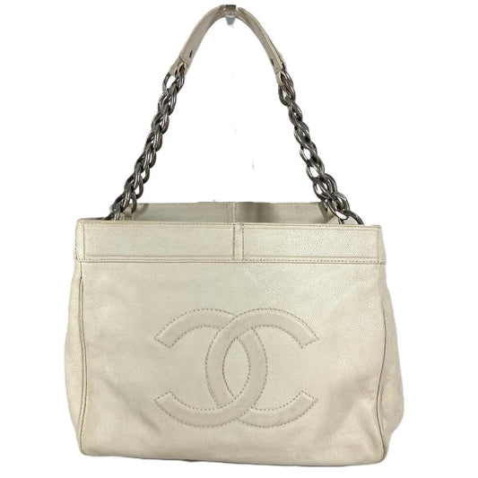 CHANEL CC Coco Mark Logo Shoulder Tote Bag with Double Chain, Caviar Leather, White