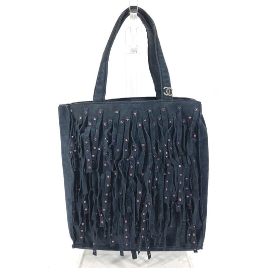 CHANEL Vintage Fringed Tassel CC Coco Mark Logo Rhinestone Tote Bag Handbag Mini Bag Nubuck Ladies Navy