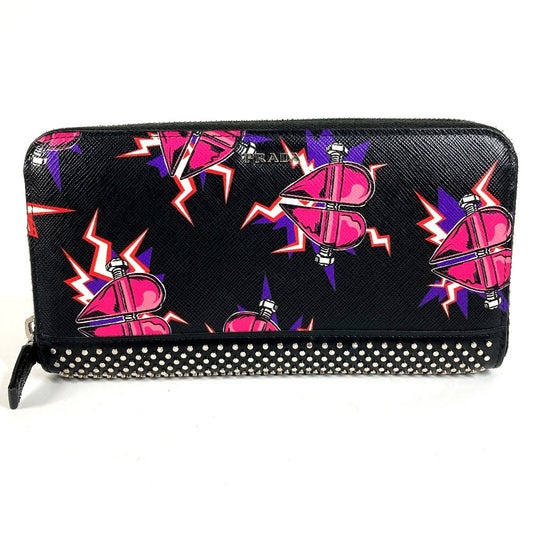 PRADA 2ML317 ハート ロゴ スタッズ ロングウォレット ラウンドファスナー 長財布 サフィアーノレザ- ユニセックス ブラック