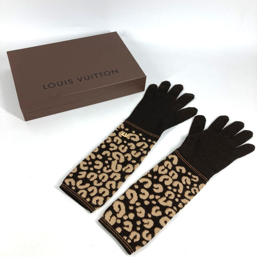 LOUIS VUITTON M58347 LV ラメ ゴンマイユ レオパード 豹柄 ヒョウ ロング手袋 グローブ 手袋 カシミヤ レディース ブラウン