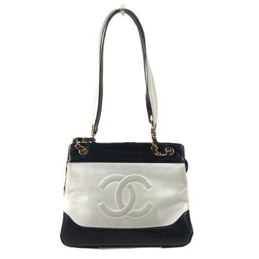 CHANEL Vintage Bi-color CC Coco Mark Logo W-Chain Bag Shoulder Tote Chain Bag Shoulder Bag Leather Unisex White