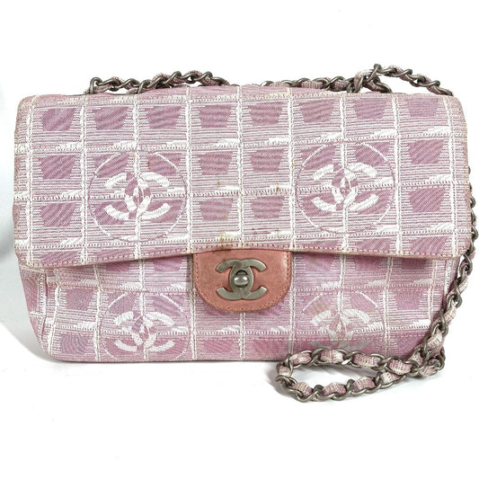 CHANEL A15285 ニュートラベルライン CC ココマーク ロゴ 肩掛け カバン Wチェーン チェーンバッグ フラップ ショルダーバッグ レザー/ナイロンジャガード レディース ピンク