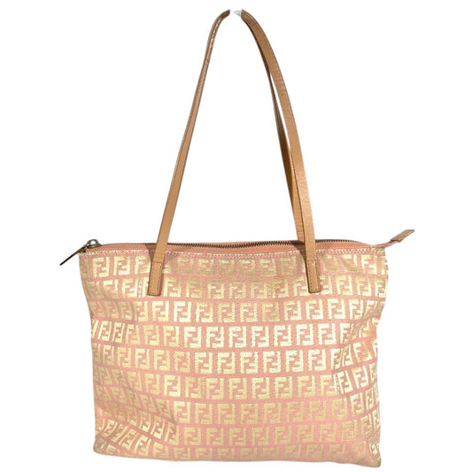 FENDI ズッキーノ ロゴ 肩掛け カバン トートバッグ ショルダーバッグ レザー/キャンバス ユニセックス ピンクベージュ