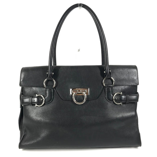 Salvatore Ferragamo Gancini Logo Shoulder Bag Flap Tote Bag Business Bag Shoulder Bag Leather Unisex Black