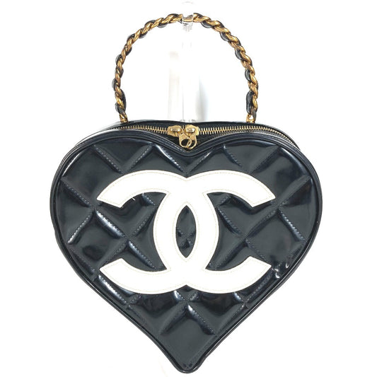 CHANEL ヴィンテージ ハート CC ココマーク マトラッセ キルティング チェーン ロゴ バニティバッグ カバン ハンドバッグ エナメル ユニセックス ブラック