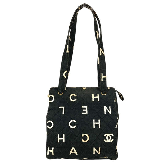 CHANEL Vintage CC Coco Mark Logo All Over Print Shoulder Tote Bag Canvas Shoulder Bag Cotton Unisex Black