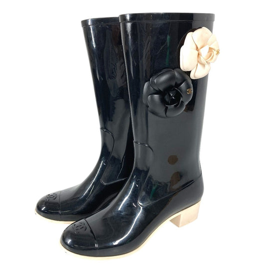 CHANEL G26648 カメリア CC ココマーク ロゴ レインブーツ 長靴 ロング 雨 靴 シューズ レインシューズ ラバー レディース ブラック