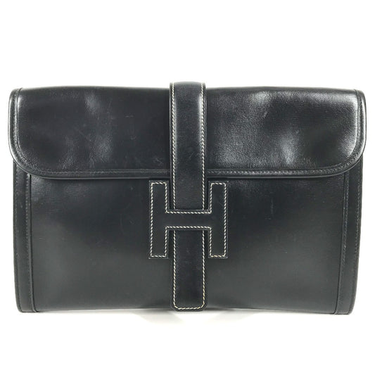 HERMES H logo vintage Jige PM Bag Document Bag Flap Cluch Bag Clutch bag Leather Black Used