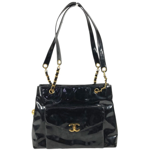 CHANEL ヴィンテージ CC ココマーク ロゴ ココボール カバン Wチェーンバッグ 肩掛け トートバッグ ショルダーバッグ パテントレザー レディース ブラック
