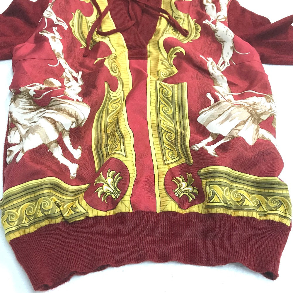 HERMES all-over print hooded knit top with silk accents, cashmere, and a cashmere-blend jacket. Available in red and yellow.