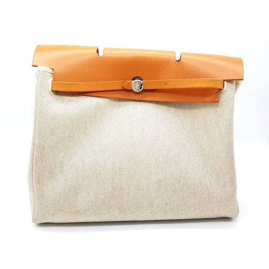 HERMES 2-Way Handbag, Air Bag MM, Shoulder Bag, Toile Officier Leather, Women's, Brown, Brown and Natural