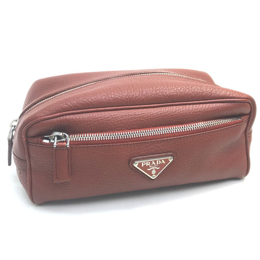 PRADA Triangle Logo Plate Leather Pouch for Women, Red