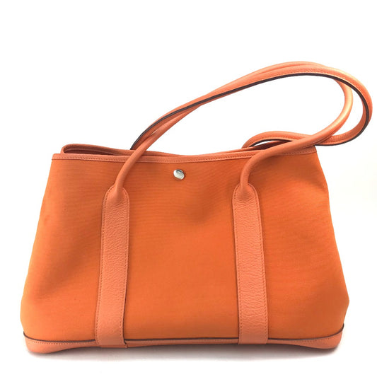 HERMES Garden Party PM Shoulder Bag/Tote Bag in Toile Officier Leather, Women's, Orange