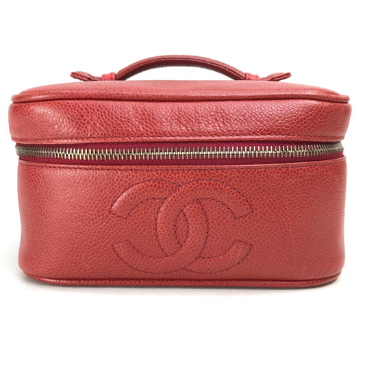 CHANEL CC Coco Mark Horizontal Cosmetic Pouch Handbag, Caviar Leather, Women's, Red and Gold Hardware