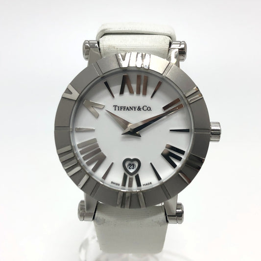 TIFFANY&Co. Z1300.11.11A20A41A White Ceramic Atlas Quartz Date Watch SS Ladies Silver