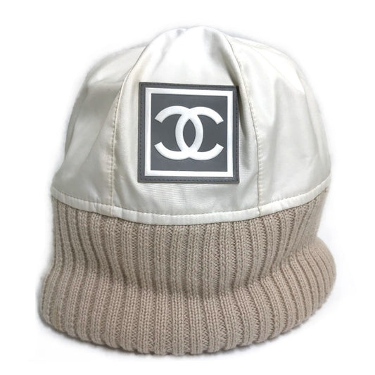 CHANEL CC Coco Mark Sport Line Logo Knit Cap, Polyester, Women's, Ivory/Beige