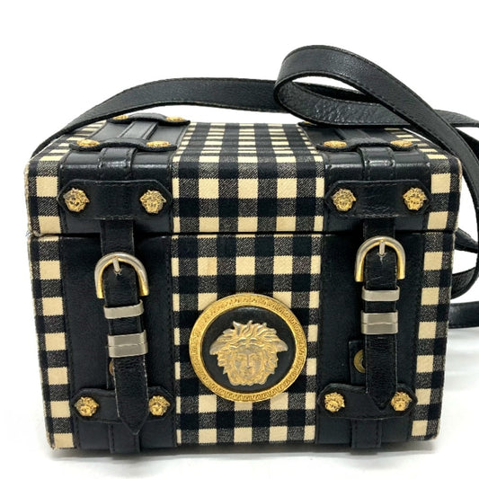 Gianni Versace 메두사 깅엄 체크 빈티지 백 숄더 백 Vanity 백 가죽/캔버스 여성용 블랙 x 화이트