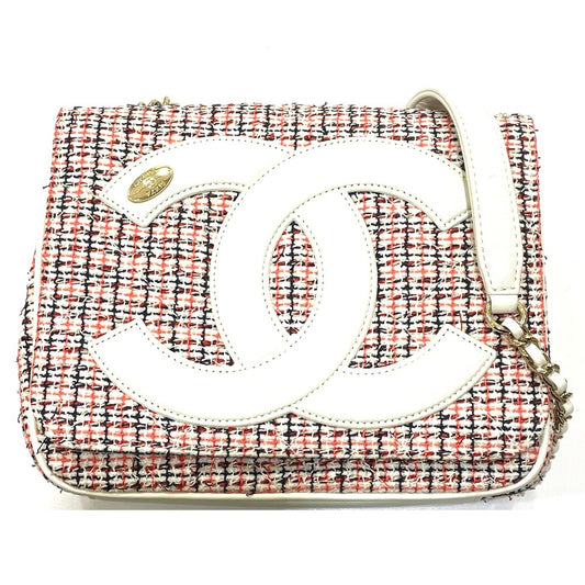 CHANEL CC Coco Mark Flap Pochette Bag Chain Shoulder Bag Leather Women's White x Red