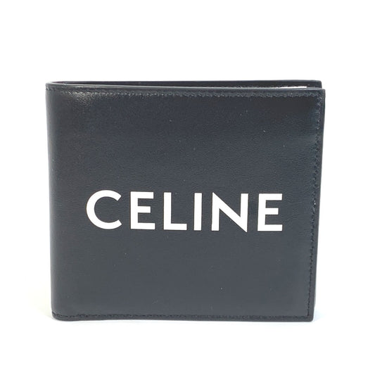 CELINE 10C873DME Logo Bifold Wallet, Unisex, Black Leather
