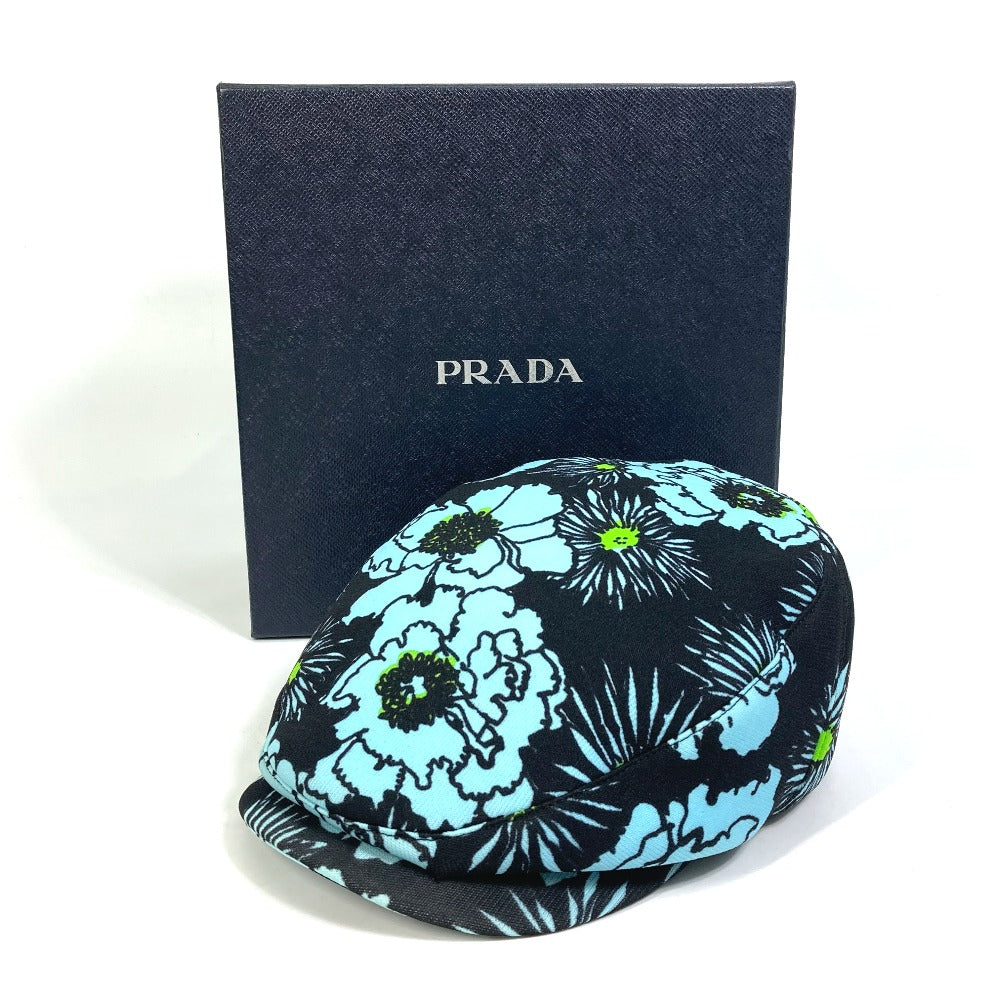 PRADA Floral Print Hat, Newsboy Cap, Nylon, Women's, Blue/Black