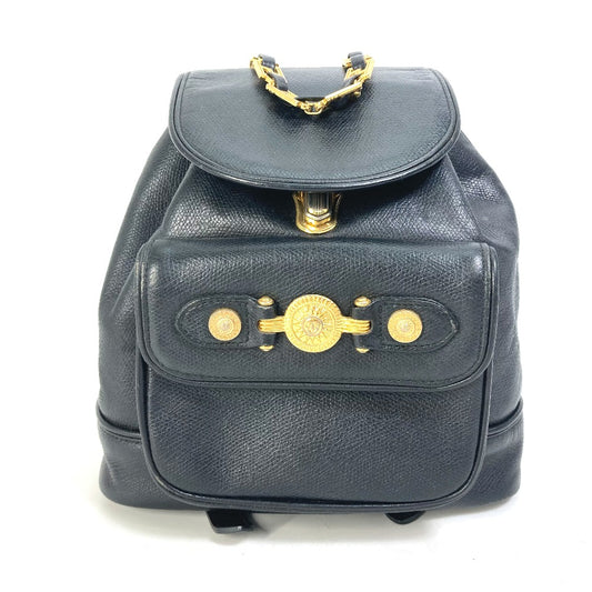 VERSACE ヴィンテージ ロゴ チェーン サンバースト バックパック カバン リュックサック レザー メンズ ブラック