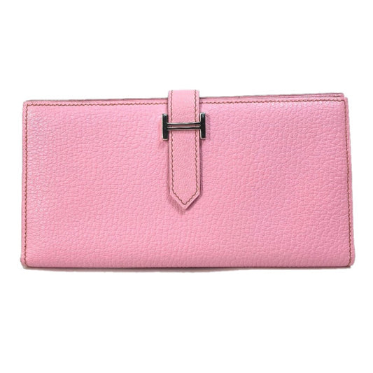 HERMES Long Wallet with H Hardware, Bearn Souffle Bifold Long Wallet, Chevre, Women's, Pink