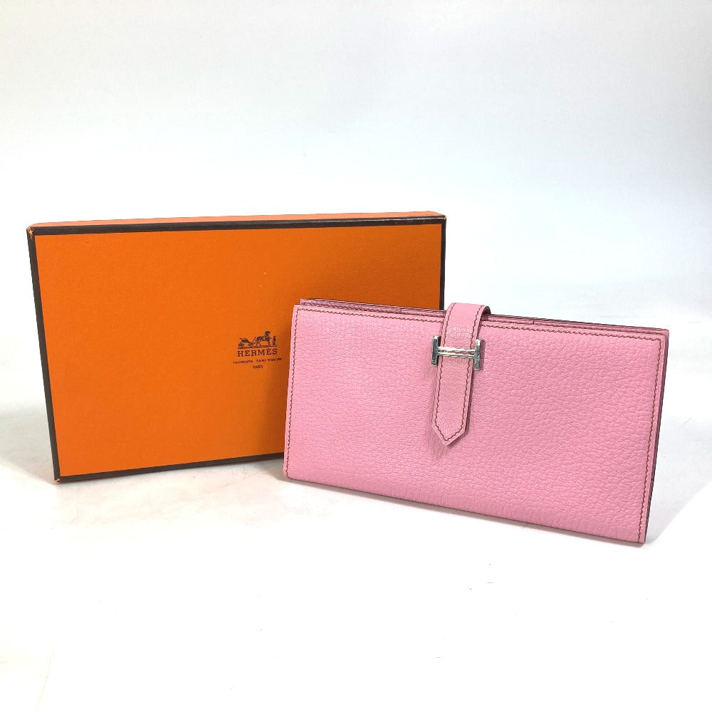HERMES Long Wallet with H Hardware, Bearn Souffle Bifold Long Wallet, Chevre, Women's, Pink