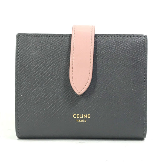 CELINE 10H263BRU.10GV Two-Tone Small Strap Wallet, Compact Tri-Fold Leather Wallet, Women's, Gray and Pink