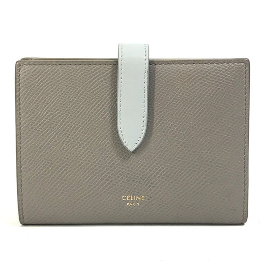 CELINE 10B643BRU.10PI Two-Tone Medium Strap Wallet, Tri-fold Leather, Women's, Pebble/Mineral Gray x Light Blue