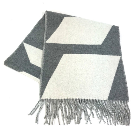 HERMES Kazak Optic Fringe Two-Tone Cashmere Scarf, Women's, Gray and White