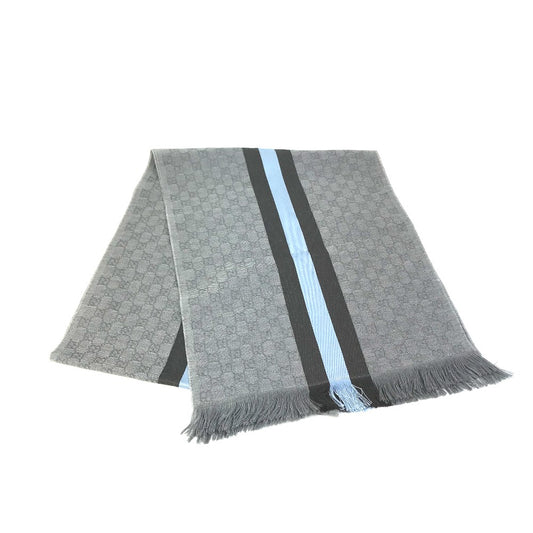 GUCCI 542984 GG Fringe Wool Scarf Men's Gray/Blue/Black