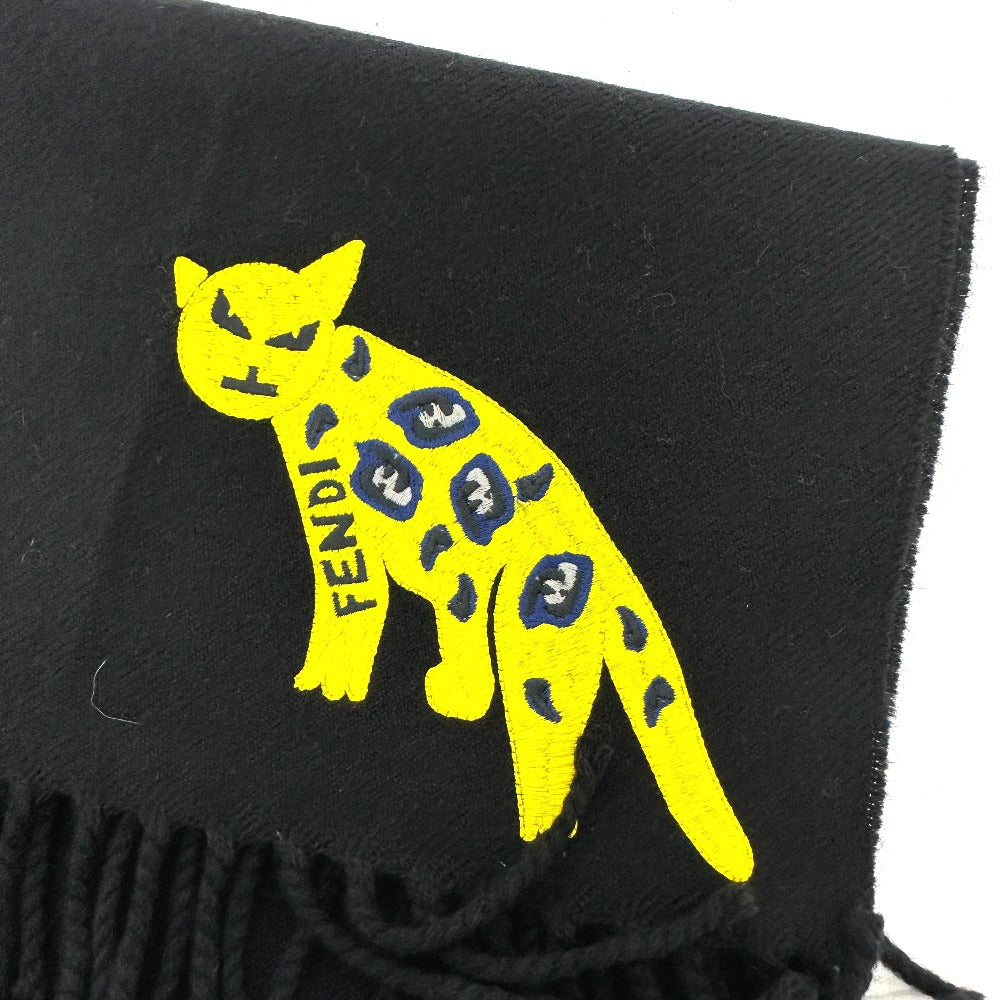 FENDI fringed leopard motif wool scarf for women in black