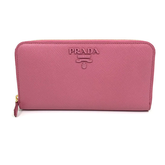 PRADA 1ML506 Logo Saffiano Shine Round Zip Long Wallet in Saffiano Leather, Women's, BEGONIA Pink